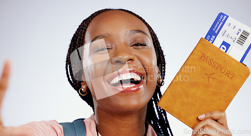 Image of Woman, passport and portrait selfie for travel ticket, immigration and holiday on white background. Excited face of happy african person with ID documents, video call for vacation or flight in studio
