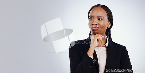 Image of Business woman, thinking and confused for solution, decision and planning in studio mockup or marketing banner. African worker search for inspiration, doubt and problem solving on a white background