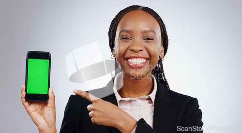 Image of Professional woman, phone green screen and mockup of presentation, marketing or sign up information in studio. Business portrait, african worker and mobile for news or opportunity on white background