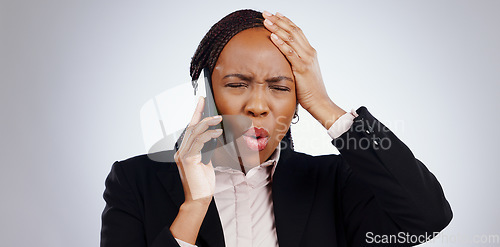 Image of Phone, business woman and angry from scam conversation and anxiety from problem and fail. Studio, white background and frustrated female person with spam communication and identity theft mistake