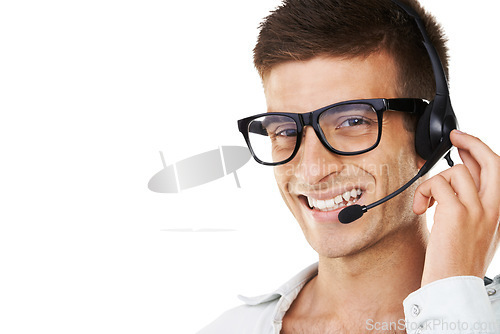 Image of Man, smile and headset for telecommunication in studio for call centre mockup on white background in portrait. Male agent, glasses and happy for career, occupation or profession in customer service