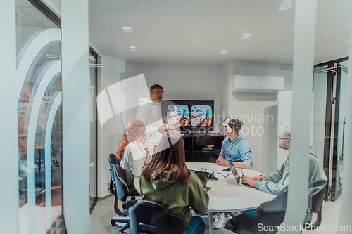 Image of A diverse group of businessmen collaborates and tests a new virtual reality technology, wearing virtual glasses, showcasing innovation and creativity in their futuristic workspace