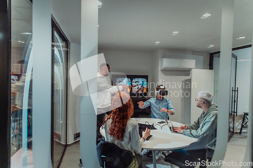 Image of A diverse group of businessmen collaborates and tests a new virtual reality technology, wearing virtual glasses, showcasing innovation and creativity in their futuristic workspace