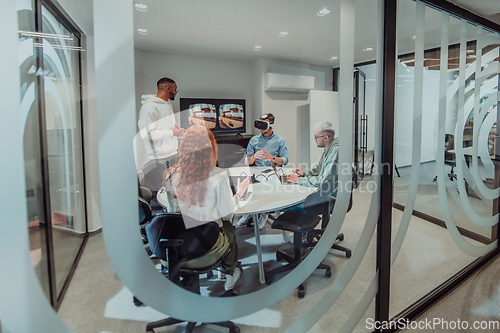 Image of A diverse group of businessmen collaborates and tests a new virtual reality technology, wearing virtual glasses, showcasing innovation and creativity in their futuristic workspace