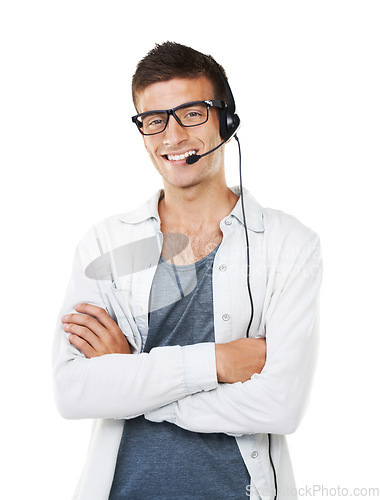 Image of Portrait, call center and business man with arms crossed isolated on a white background. Face, happy sales agent and confident telemarketing consultant in headphones, crm or customer service in Spain