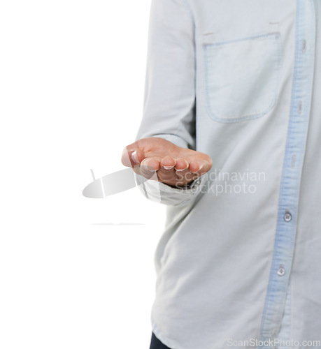 Image of Closeup, hand and presentation in studio for mockup of offer, announcement or deal on white background. Person, alone and gesture for advertising in marketing of choice, decision or option in space