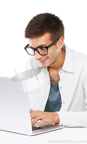 Image of Geek, business man typing on laptop at desk or coding software isolated on a white background. Happy nerd in glasses on computer at table, technology or IT programmer writing email or database info