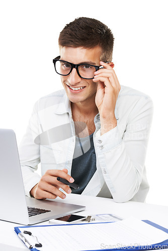 Image of Portrait, business man with glasses and laptop at table isolated on a white background. Face, smile and geek at desk on computer, digital technology and IT programmer, coding and software in Canada