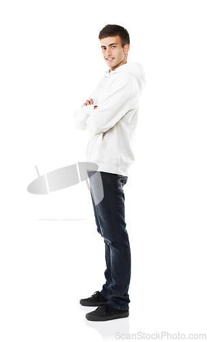 Image of Portrait, man and smile with arms crossed in studio with casual fashion, jacket and jeans for style on white background. Happy young guy with confidence, good mood and positive attitude from Russia