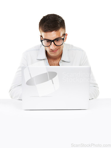 Image of Nerd, business man on laptop at desk and coding software isolated on a white background. Geek in glasses typing on computer at table, technology or IT programmer writing email online on mockup space