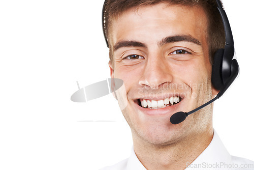 Image of Call center, happy portrait and man with space for customer service, CRM questions and mockup in studio on white background. Face of telemarketing salesman consulting with microphone for IT advisory