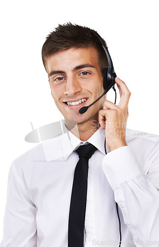 Image of Man, hand and headset for call centre in studio on white background for mockup in telecommunication. Portrait, male agent or consultant for customer care with sales, feedback and consumer reviews