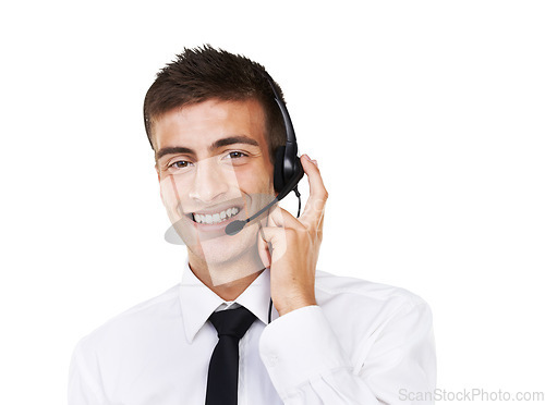 Image of Call center, happy portrait or man in studio for customer support, CRM contact or advisory mockup space on white background. Telemarketing salesman, consultant or microphone to help with IT questions