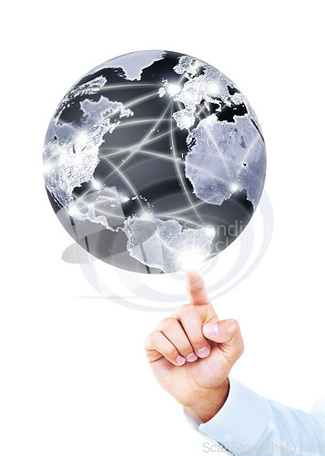 Image of Hand, world and globe with hologram, business and development with international supply chain, connection and internet. Person, model or worker with earth and holographic on a white studio background