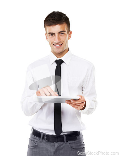 Image of Business man, portrait and tablet in studio for planning research, online information or update software on white background. Happy employee with digital technology for social network, app or website