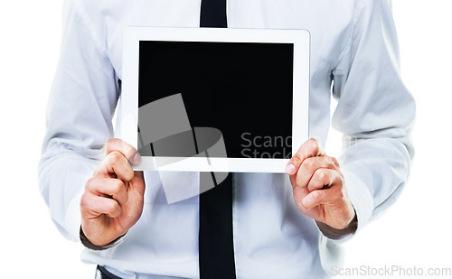 Image of Closeup, hands and showing of tablet screen in studio for social media mockup on white background. Businessman, hold and technology for announcement, deal or offer on website, homepage or internet