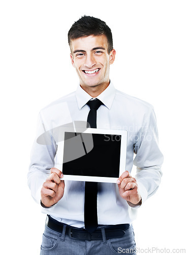 Image of Portrait, man and holding of tablet screen in studio on white background for social media mockup. Businessman, startup or happy for announcement, deal or offer on app, website or homepage by internet