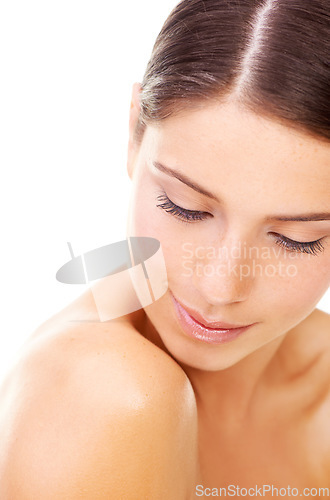 Image of Skincare, woman and happy in studio with beauty, cosmetic and facial wellness for shine on white background. Person, face or confidence for glow treatment, healthy aesthetic or dermatology on mock up