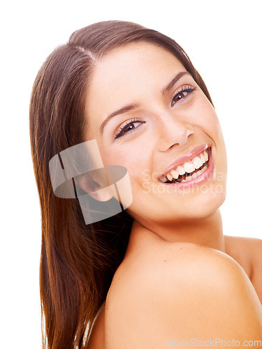 Image of Woman, smile and portrait of skincare in salon, spa or studio with white background for cosmetic dermatology. Healthy, skin and natural facial results with happy, wellness and beauty from cosmetics