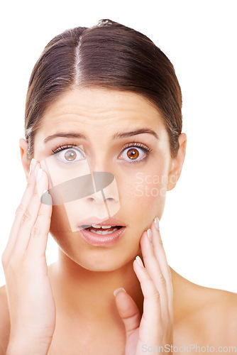 Image of Skincare, stress and portrait of woman in studio with wow reaction to dermatology problem on white background. Omg, beauty and face of lady model shocked by allergic reaction, damage or acne breakout