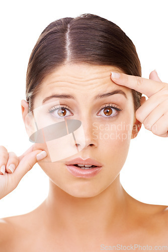 Image of Woman, thinking and plastic surgery on face for wrinkles, anti aging and skincare in white background. Facial, treatment and girl with ideas for self care, cosmetics and healthy skin dermatology