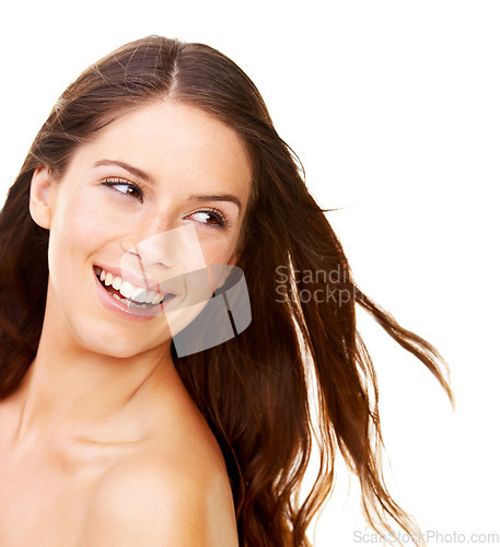 Image of Hair care, woman and beauty with smile in studio with cosmetics, collagen and healthy texture. Person, face or happiness for shampoo glow, shine or results on white background with growth treatment