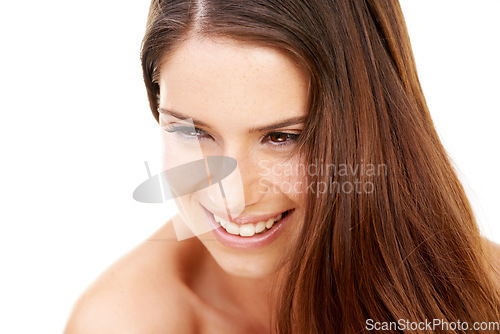 Image of Woman, face or beauty with smile in studio for hair care, keratin treatment and healthy texture. Person, happy or skincare with confidence, facial glow or shine and cosmetic on white background