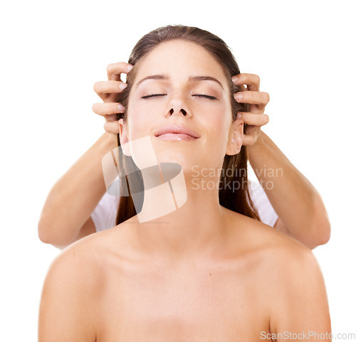 Image of Woman, client and head massage or therapist hand in studio or white background, self care or relax. Female person, face and rest scalp treatment as stress free or weekend spa happy, relief or healing