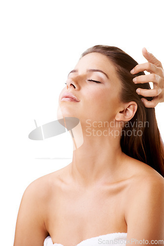 Image of Woman, head and massage for relax in studio or white background, self care or peace service. Female person, client and face or rest scalp treatment as stress free or weekend spa happy, relief or zen