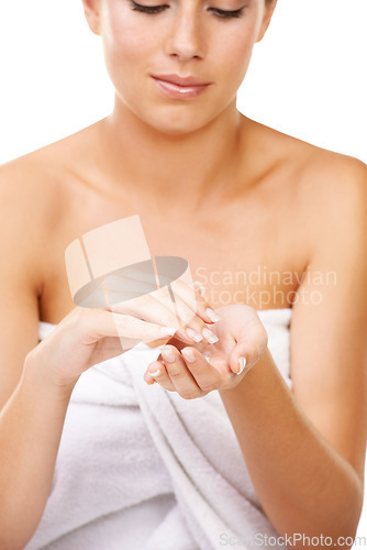 Image of Woman, skincare and hands with lotion, sunscreen and product for dermatology and self care in bathroom. Shower, cream and person with moisturizer for clean body, beauty and healthy skin routine