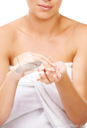 Image of Woman, skincare and hands with lotion, sunscreen and product for dermatology and self care in bathroom. Shower, moisturizer and person with cream for clean body, beauty and healthy skin routine