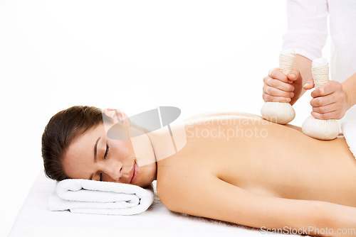 Image of Spa, heat compress and woman for massage, back treatment and salon care on towel. Skincare, dermatology and masseuse with person for relax, calm and wellness for luxury cosmetics on white background