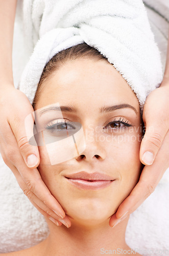 Image of Portrait, spa massage and hands on face of woman from above at resort for stress relief or wellness. Top view, facial and lady client with masseuse at beauty salon for luxury, skincare or dermatology