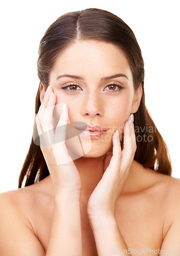 Image of Portrait, beauty and aesthetic with a woman in studio isolated on a white background for natural wellness. Face, skincare and luxury antiaging cosmetics with a confident young model looking perfect