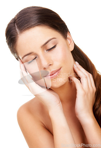 Image of Woman, beauty and eyes closed with hands, face and model for skin, cosmetics and studio background. Fresh, headshot and dermatology for sleep, wellness and clean for facial, isolated and treatment