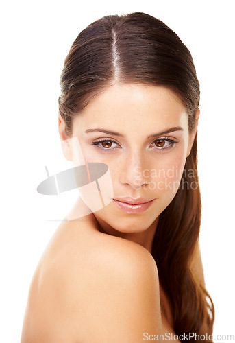 Image of Skincare, woman and confident in studio with beauty, cosmetic and facial wellness for shine on white background. Person, face or pride for glow treatment, healthy aesthetic or dermatology and model