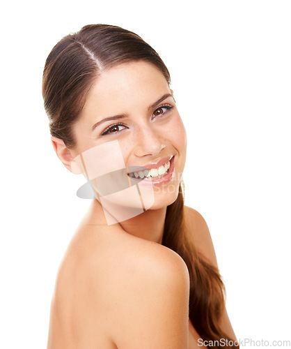 Image of Skincare, woman and smile in studio with beauty, cosmetic and facial wellness for shine on white background. Person, face and happiness for glow treatment, healthy aesthetic or dermatology on mock up