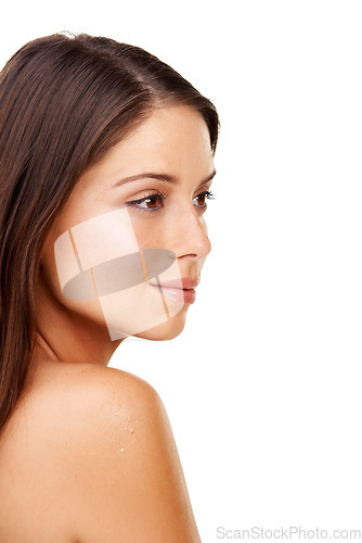 Image of Body, skincare and profile of woman relax in studio, white background or dermatology in beauty salon or spa. Natural, face or girl with cosmetics, facial or treatment for wellness and glow on skin