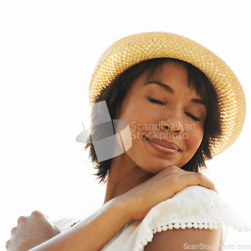 Image of Outdoor sky, freedom or zen woman with smile, peace or wellness on holiday vacation or break. Calm, summer or happy person in nature to breathe in fresh air for happiness, self love or gratitude