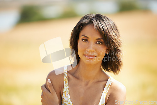 Image of Portrait, confidence and woman in the countryside or field in summer outdoor, beauty and health. Face, young person at farm or nature, garden and travel on holiday, vacation and tourism in Brazil