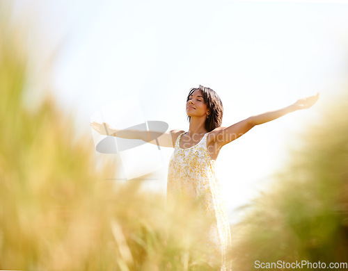 Image of Peace, freedom and woman with arms raised at field outdoor in the countryside in spring. Person in nature, eyes closed and meditation to relax at farm, breathe fresh air and enjoy vacation on mockup