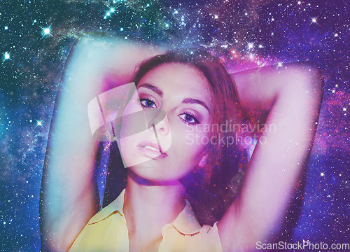 Image of Woman, portrait and double exposure with stars, space and fantasy for art, cosmos or shine with solar system. Girl, galaxy and color with universe, nebula or milky way for night sky overlay on face