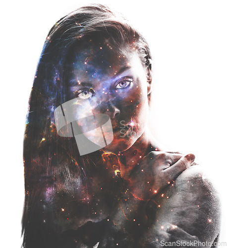 Image of Woman, portrait and double exposure with galaxy, space and fantasy for art, cosmos and shine by white background. Girl, solar system and color with universe, nebula or milky way for night sky on face
