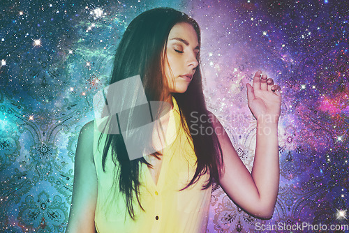 Image of Woman, double exposure and stars in space, fantasy and art in cosmos, shine and thinking in solar system. Girl, galaxy and color with universe, nebula or milky way for night sky overlay with fashion