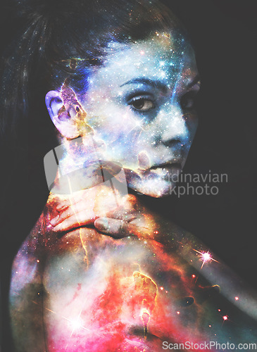 Image of Woman, portrait and double exposure with galaxy, stars and fantasy for art, cosmos and shine by black background. Girl, outer space and color with universe, nebula or milky way with night sky on face