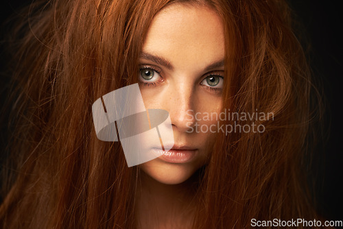 Image of Hair care, portrait or woman with damage, fail or bad results for transformation or collagen in studio. Black background, face or serious model with cosmetics for treatment, messy texture or growth