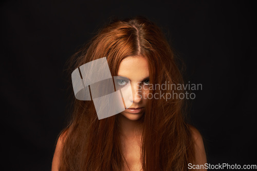 Image of Depression, portrait or woman in studio with trauma stress, fail or bad results on mockup space alone. Black background, psychology or face of serious person with anger, messy hair or moody attitude