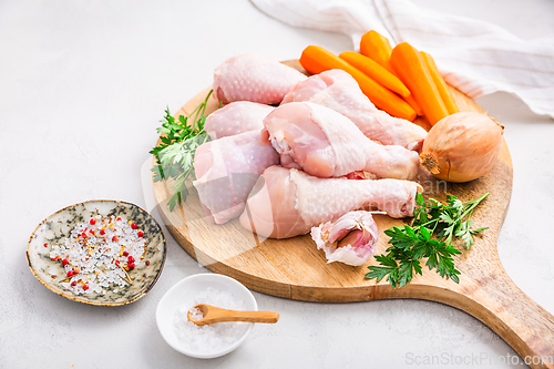 Image of Ingredients for cooking chicken and vegetable broth, chicken soup