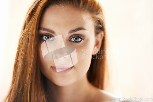 Image of Hair care, portrait or model with natural beauty, skincare or results for glow, shine or collagen in studio. White background, face or woman with cosmetics for treatment, healthy texture or growth