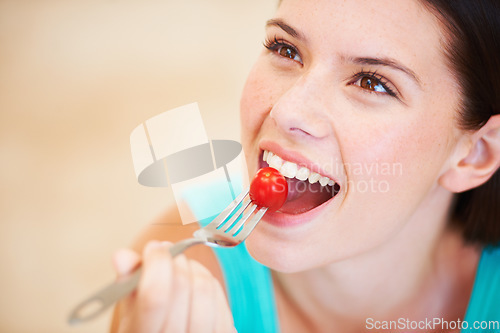 Image of Health, diet and face of woman with tomato eating for nutrition, wellness and snack for hunger. Food, happy and smile of person with vegetable salad for vitamins benefits, detox and lose weight